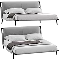 Modern Double Bed with Gray Headboard White Pillows Dark Blanket and Black Frame 3d model