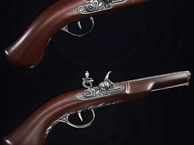 Antique Decorative Pistol With Wooden Stock And Silver Metal Engravings 3d model
