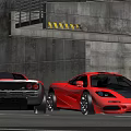 Two Red And Black Sports Cars Parked Near Concrete Tunnel Entrance