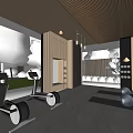 Indoor Home Gym With Elliptical Exercise Bike Yoga Mat Fitness Balls Green Plants Natural Light