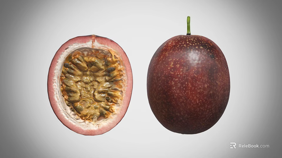 Ripe Purple Red Passion Fruit Whole And Halved Showing Seeds And Flesh 3d model 