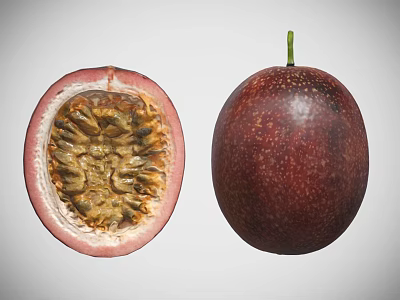 Ripe Purple Red Passion Fruit Whole And Halved Showing Seeds And Flesh 3d model