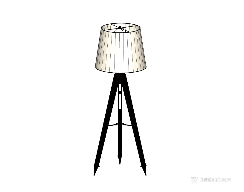 Modern Tripod Floor Lamp With Black Frame And White Vertical Striped Lampshade 3d model 