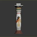 Decorative Column With Painted Bird Design Red Accents And Ornate Top