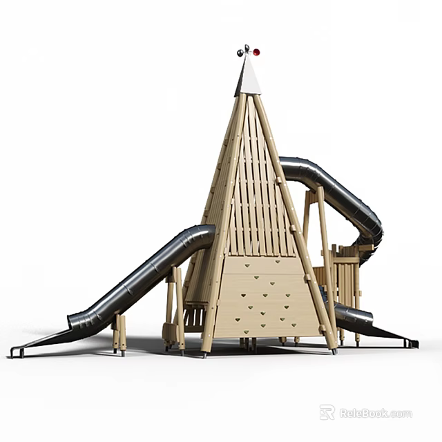 Wooden Playground Equipment With Pyramid Shaped Structure Slides And Climbing Elements 3d model