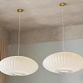 Two White Ribbed Pendant Lights With Golden Ceiling Base In Modern Interior 3d model
