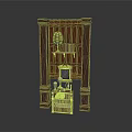Vintage Wooden Architectural Structure With Carved Panel Columns And Decorative Shelf Items