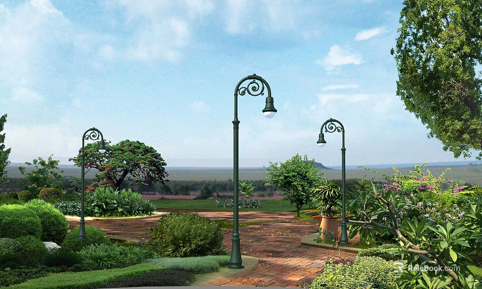 Decorative Outdoor Lights With Vintage Style Lamp Posts In Landscaped Garden Pathway 3d model 