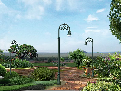 Decorative Outdoor Lights With Vintage Style Lamp Posts In Landscaped Garden Pathway 3d model