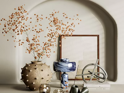 Minimalist Decorative Ornament Set With Ceramic Vase Dried Flowers Blue Jar And Metal Bicycle 3d model