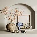 Minimalist Decorative Ornament Set With Ceramic Vase Dried Flowers Blue Jar And Metal Bicycle