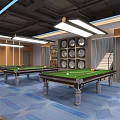 Modern Spacious Billiard Room Interior With Multiple Pool Tables And Modern Lighting 3d model