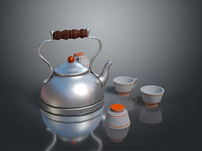 Stylish Silver Kettle With Wooden Handle And Ceramic Teacups Set 3d model