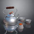 Stylish Silver Kettle With Wooden Handle And Ceramic Teacups Set 3d model