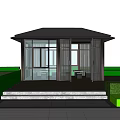 Modern Landscape Pavilion With Greenery Trees Seating Area Stone Pavement And Building