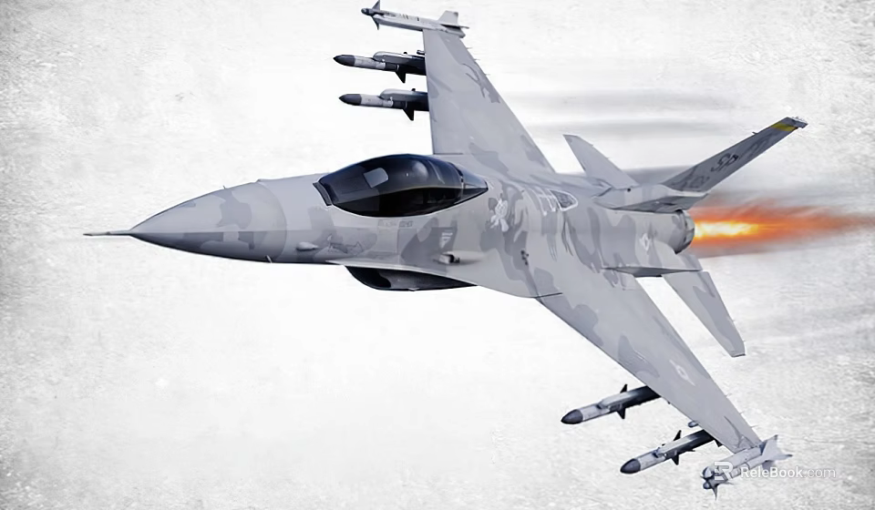 High Speed Gray Camouflage Fighter Jet Flying With Attached Missiles And Tail Flame 3d model 