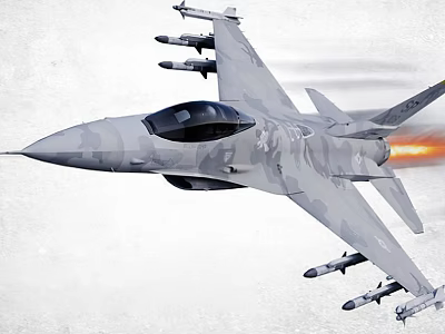 High Speed Gray Camouflage Fighter Jet Flying With Attached Missiles And Tail Flame 3d model