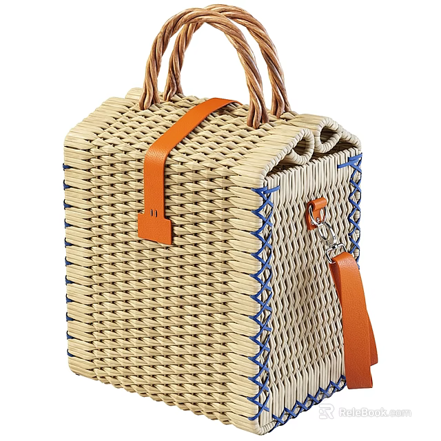 Natural Wicker Basket Bag With Leather Handles And Blue Trim Design 3d model 