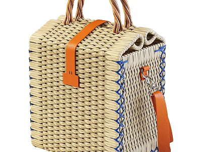 Natural Wicker Basket Bag With Leather Handles And Blue Trim Design 3d model