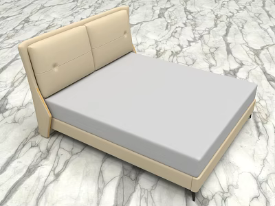 Modern Minimalist Double Bed With Beige Upholstered Headboard And Light Gray Mattress On Marble Floor 3d model