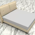 Modern Minimalist Double Bed With Beige Upholstered Headboard And Light Gray Mattress On Marble Floor