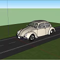 Cream Vintage Volkswagen Beetle Parked On Road With Blue Sky White Clouds And Green Hills