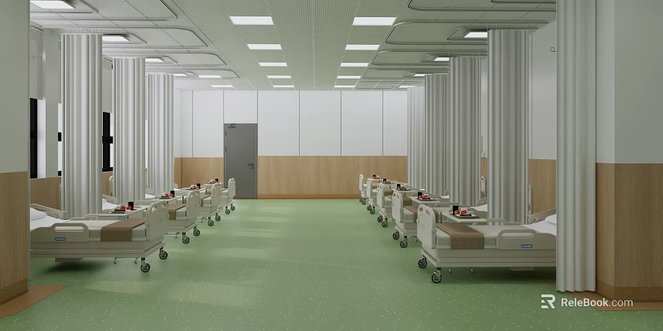 Spacious Hospital Ward Featuring Green Floor White Columns Ceiling Lights And Beds 3d model 