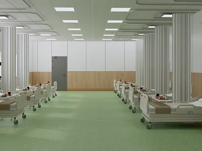 Spacious Hospital Ward Featuring Green Floor White Columns Ceiling Lights And Beds 3d model