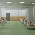 Spacious Hospital Ward Featuring Green Floor White Columns Ceiling Lights And Beds