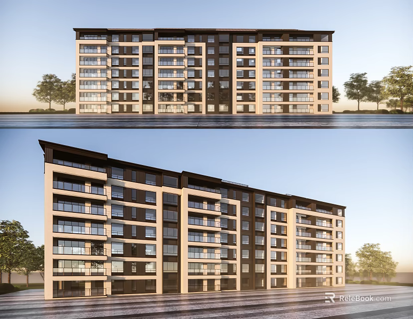 Modern Apartment Building Exterior Design With Multiple Balconies Trees And Street View 3d model 