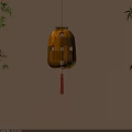 Hanging Yellow Woven Lantern With Red Tassel And Bamboo Leaves On Light Wall