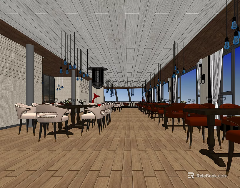 Elegant Restaurant Interior With Wooden Floor Tables Chairs Hanging Lights And Large Windows 3d model 