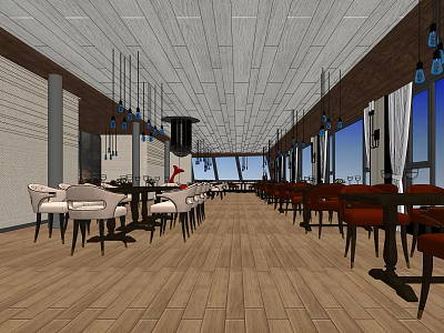 Elegant Restaurant Interior With Wooden Floor Tables Chairs Hanging Lights And Large Windows 3d model