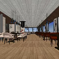Elegant Restaurant Interior With Wooden Floor Tables Chairs Hanging Lights And Large Windows