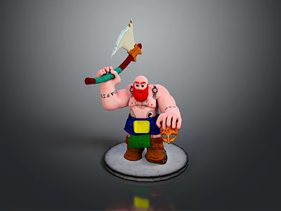 Viking Warrior Figurine With Red Beard Muscular Build Axe Shield And Round Base 3d model