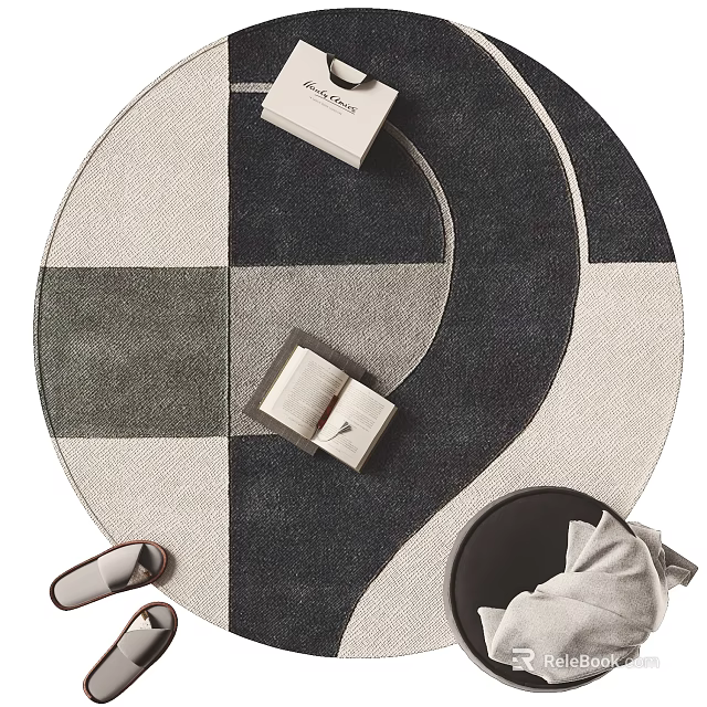 Geometric Pattern Circular Rug With Neutral Tones Open Book Slippers And Decorative Items 3d model