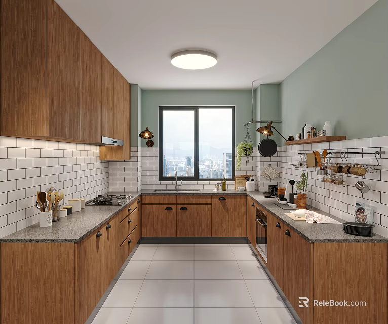 Cozy Natural Wood Kitchen With White Subway Tile Backsplash And Large City View Window 3d model 