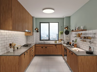 Cozy Natural Wood Kitchen With White Subway Tile Backsplash And Large City View Window 3d model