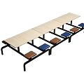 Long Rectangular Dining Table Set With Wooden Tabletop Black Metal Frame And Blue Brown Seats 3d model