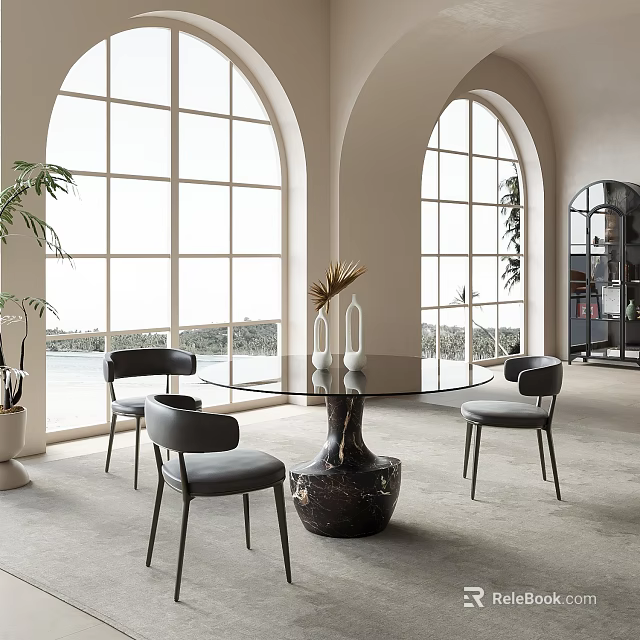 Modern Dining Table Set With Glass Top Black Chairs Arched Windows And Decorative Plant 3d model 