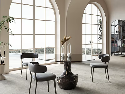 Modern Dining Table Set With Glass Top Black Chairs Arched Windows And Decorative Plant 3d model