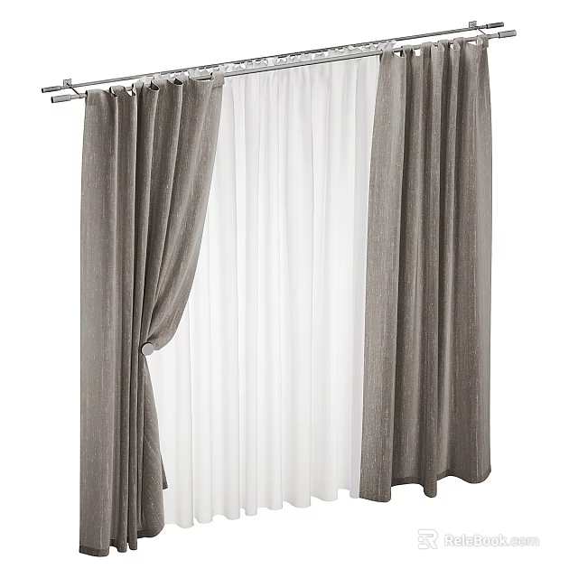 Elegant Dark Gray Curtains With White Sheer Layer And Metal Rod Design 3d model 