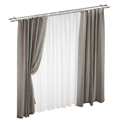 Elegant Dark Gray Curtains With White Sheer Layer And Metal Rod Design 3d model