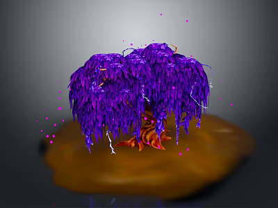 Vibrant Purple Weeping Tree With Red Trunk And Pink Glowing Particles On Brown Ground 3d model