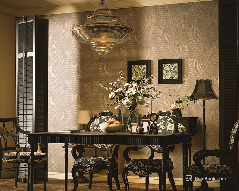 Modern Restaurant Interior Design With Chandelier Dining Table Floral Arrangement And Decorative Paintings 3d model 