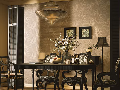 Modern Restaurant Interior Design With Chandelier Dining Table Floral Arrangement And Decorative Paintings 3d model