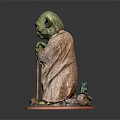 Detailed Yoda Figurine With Green Skin Wearing Brown Robe Holding Cane On Red Base