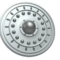 Medieval Metallic Round Shield With Spherical Boss Dot Patterns And Leaf Accents