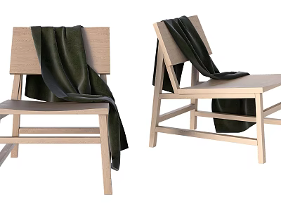 Modern Wooden Leisure Chairs With Dark Blankets On Backrest And Seat 3d model