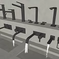 Various Modern Faucet Styles Mounted On White Countertop With Flowing Water